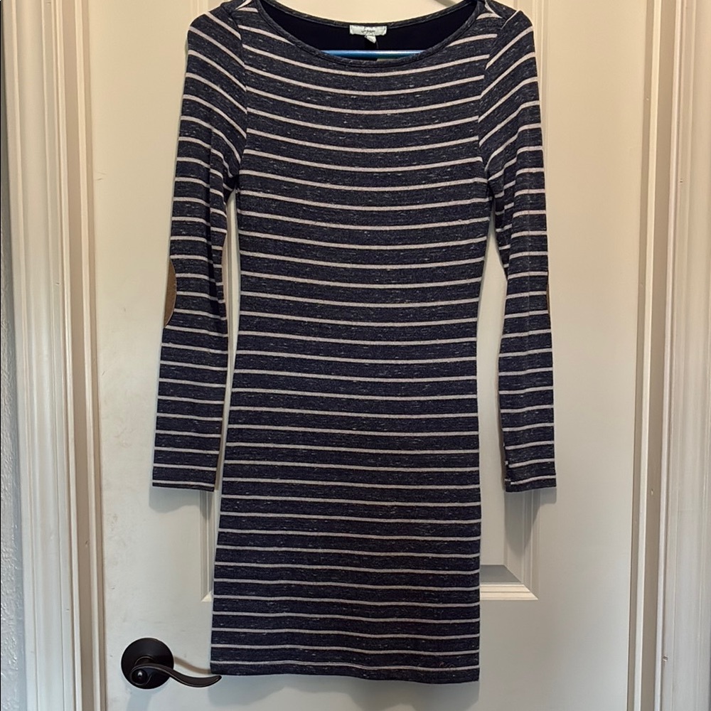 Soprano size Small Navy Striped Women's Dress with tan elbows
